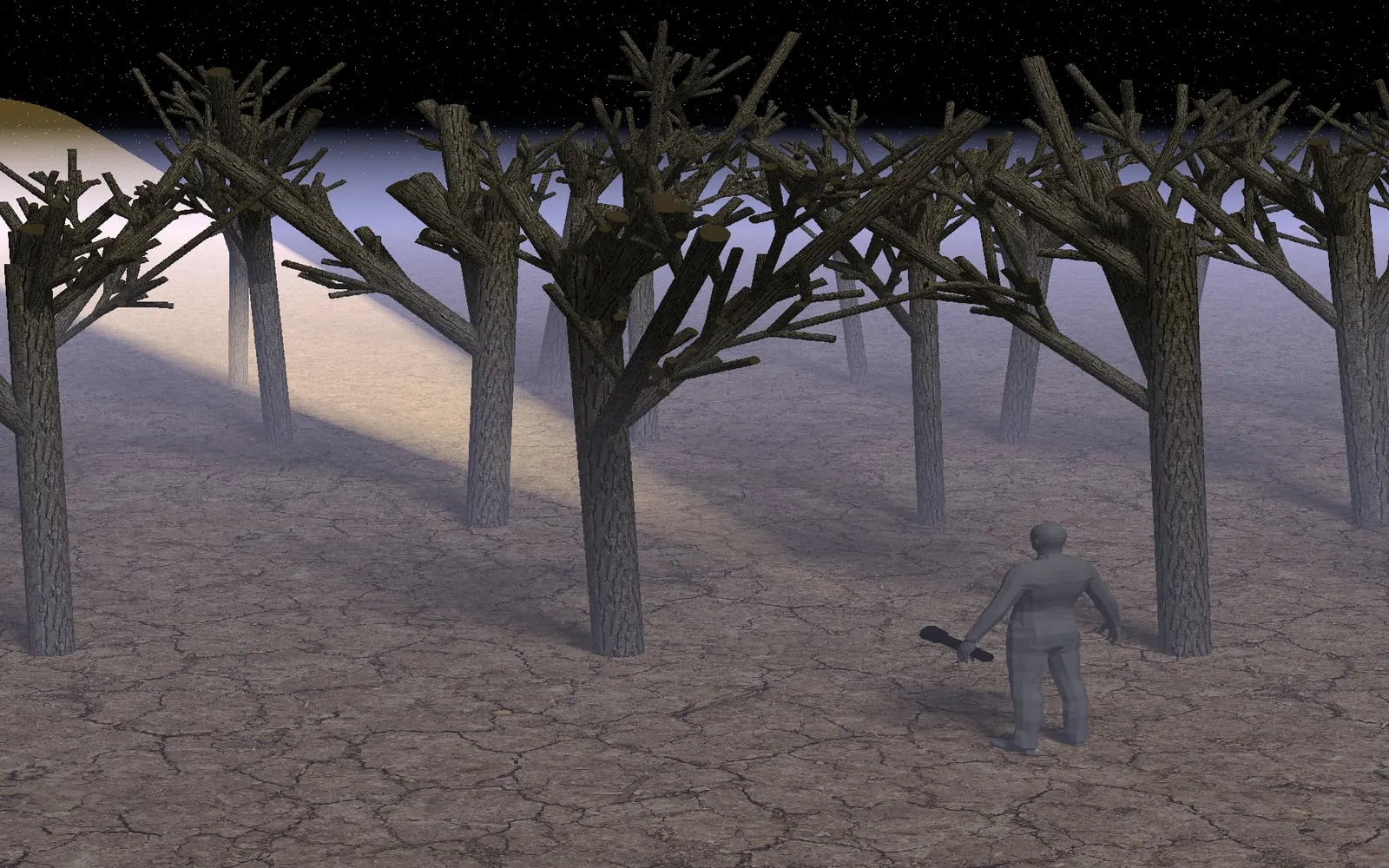 A foggy forest of bare, branching trees and a lone figure, rendered by lucis
